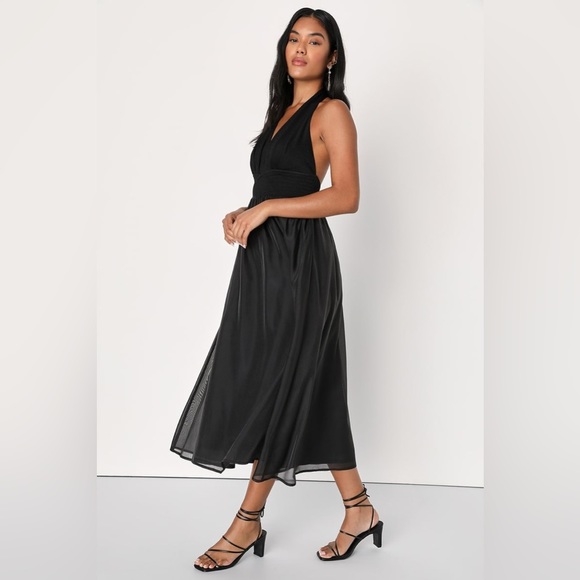 Lulus Delightful Drama Black Textured Halter Backless Midi Dress Womens XL - Picture 2 of 16